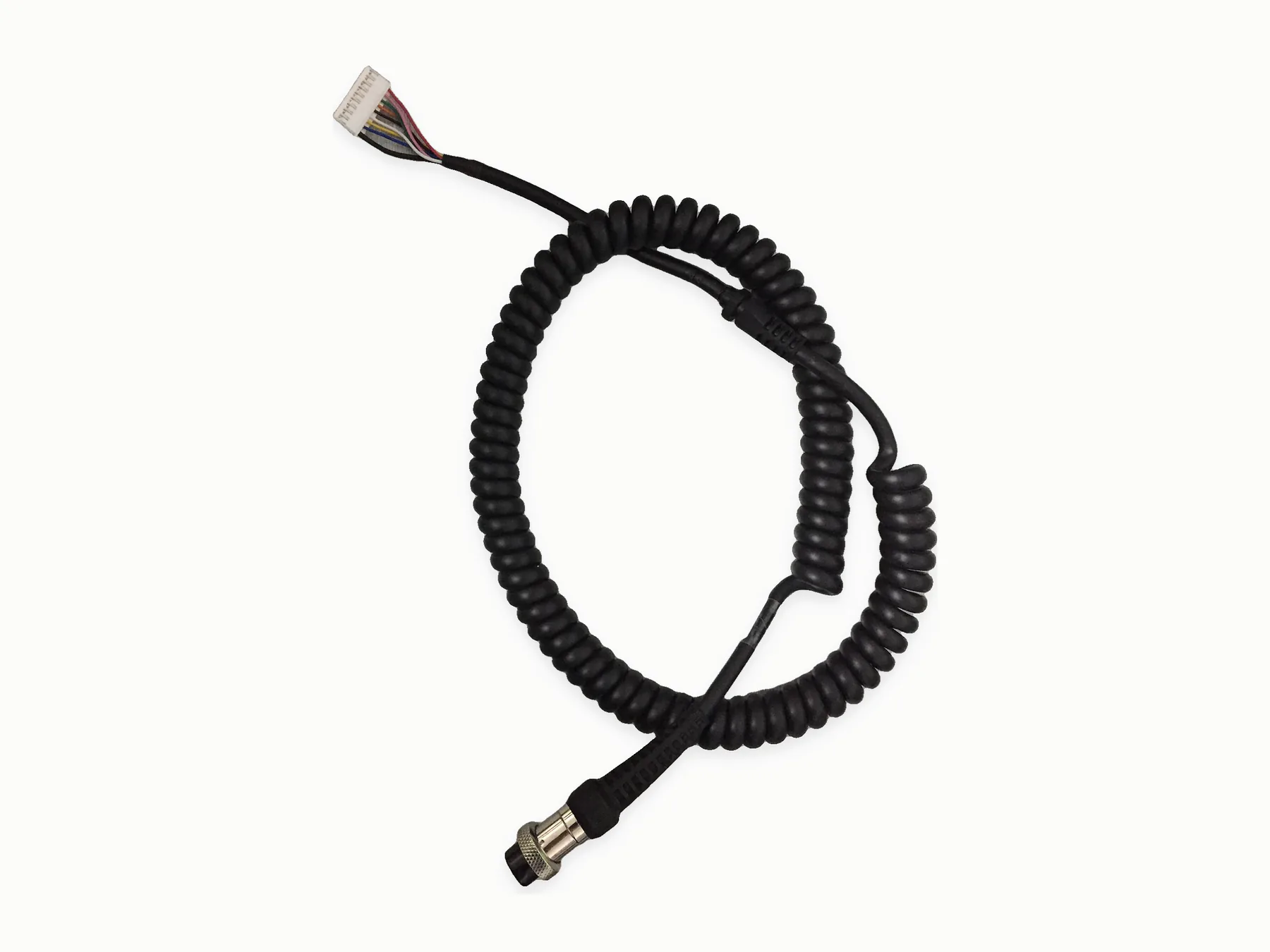 Zwarte spiraalcommunicatiekabel in een lus met ronde connector en meeraderig contactuiteinde.