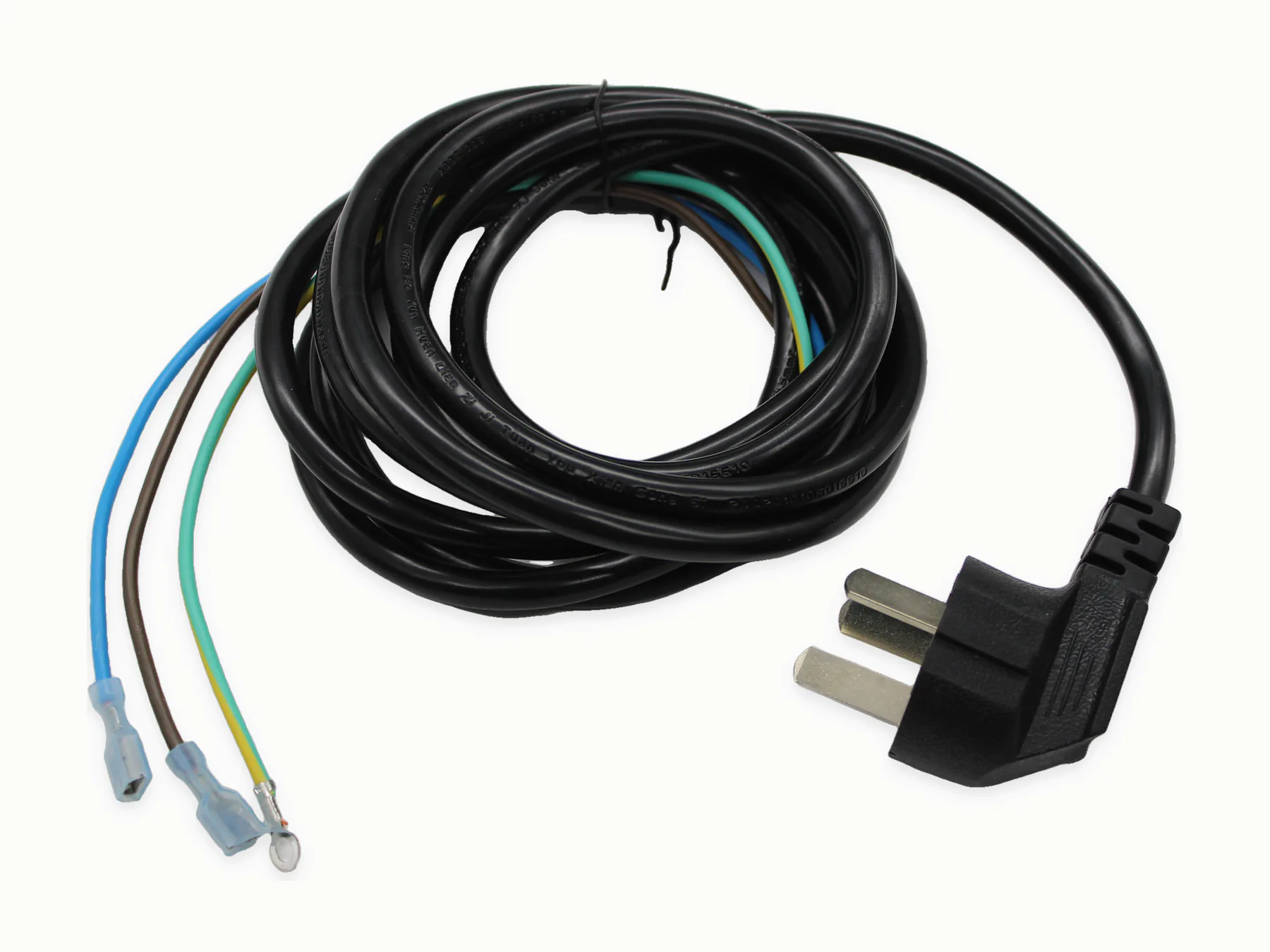 Conjunto de cable de alimentación negro con enchufe en ángulo y extremos de hilo pelados